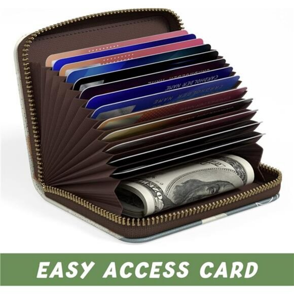 RFID leather credit card holder wallet slim boho leaves zipper small purse - Picture 5 of 8